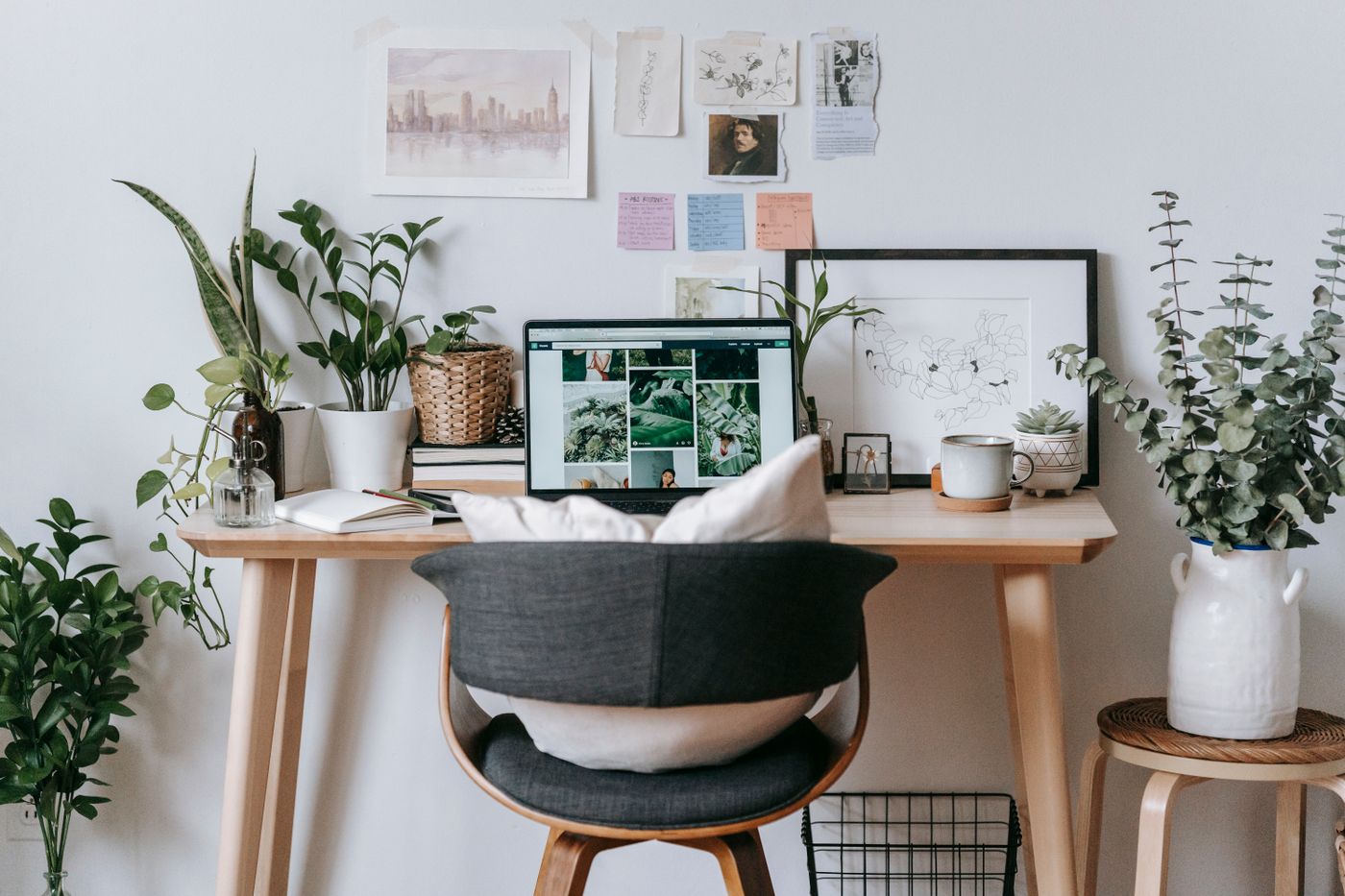 A plant-filled desk with a laptop and a wall mood board, a stock photograph